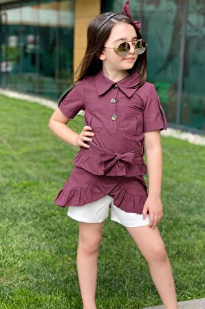 Kız Çocuk Belden Bağlamalı Düğme Detaylı Eteği Fırfırlı Mor  Elbise