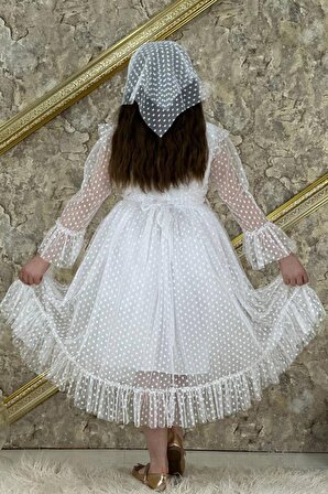 Kız Çocuk Güpür Detaylı Yakası Fırfırlı Puantiyeli Eteği Kabarık Tüllü Beyaz Abiye