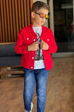 Erkek Çocuk Motor Baskılı Tişört Önü Düğmeli Ceket Kırmızı Kot Alt Üst Takım 3-12 Yaş