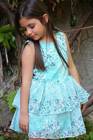 Kız Çocuk Çicek Baskılı Eteği Katkat Tüllü  Sıfır Kollu Turkuaz Elbise