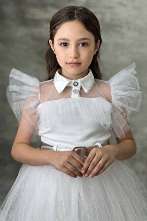 Kız Çocuk Gömlek Yaka Göğsü Ve Kolları Tül Detaylı Wednesday Beyaz Elbise
