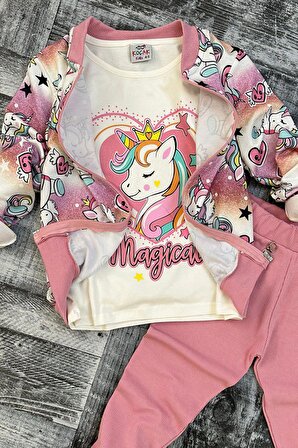 Kız Çocuk Unicorn Magical Lıve Pembe Taytlı Takım