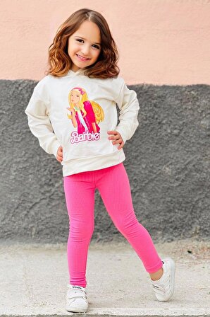 Kız Çocuk Kapüşonlu Barbie Baskılı Pembe Taytlı Takım