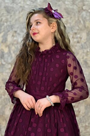 Kız Çocuk Kolları Transparan, Puantiyeli ve Kuşak Detaylı Mor Elbise