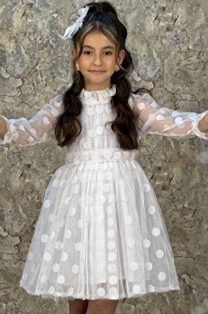 Kız Çocuk Kolları Transparan, Puantiyeli ve Kuşak Detaylı Beyaz Elbise