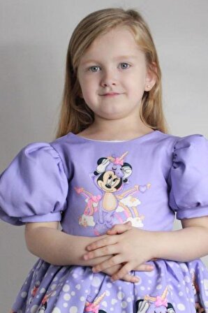 Kız Çocuk Balon Kol Minnie Mouse Baskılı Etek Uçu Güpür İşlemeli Lila Elbise