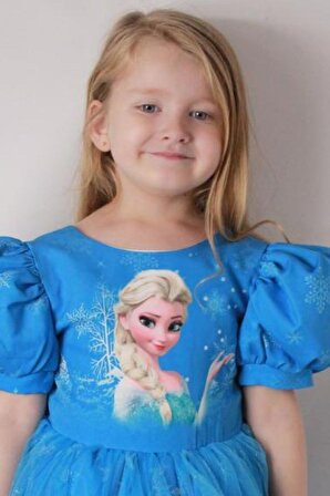 Kız Çocuk Balon Kol Elsa ve Simli Kar Tanesi Baskılı Mavi Elbise