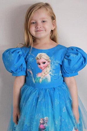 Kız Çocuk Balon Kol Elsa ve Simli Kar Tanesi Baskılı Mavi Elbise