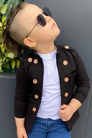 Erkek Çocuk Omzu ve Ceket Yakası Düğme Detaylı Cepli Blazer Ceketli Siyah Alt Üst Takım