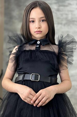 Kız Çocuk Gömlek Yaka Göğsü Ve Kolları Tül Detaylı Wednesday Siyah Elbise