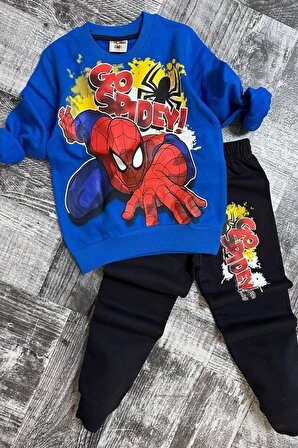 Erkek Çocuk Spiderman ve Go Spıdey Yazı Baskılı Şardonlu Mavi Eşofman Takım
