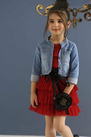 Kız Çocuk Yakası Transparan Kat Kat Tüllü, Deri Kemer ve Kot Ceketli Kırmızı Elbise