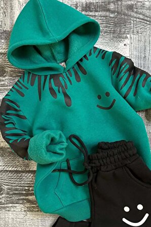 Erkek Çocuk Kapüşonlu Smile Baskılı Şardonlu Yeşil Eşofman Takım