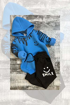 Erkek Çocuk Kapüşonlu Smile Baskılı Şardonlu Mavi Eşofman Takım