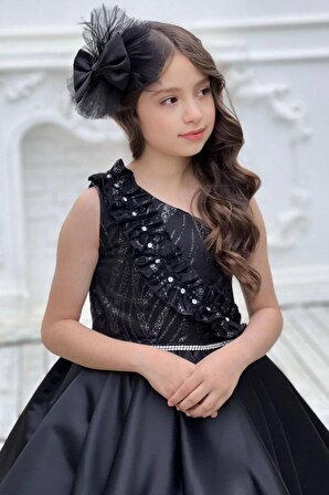 Kız Çocuk Tek Omuz Taş Detaylı Eteği Kabarık Siyah Abiye
