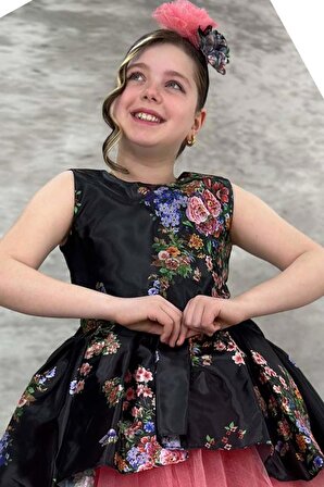 Kız Çocuk Çiçek Desenli Tül Detaylı Kuyruklu Saten Siyah Elbise