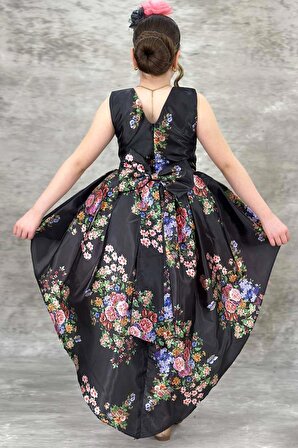 Kız Çocuk Çiçek Desenli Tül Detaylı Kuyruklu Saten Siyah Elbise