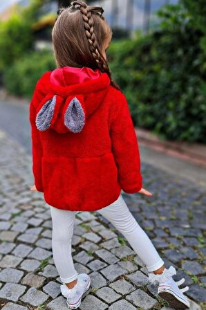 Kız Çocuk Kapüşonlu Kuzu Kulaklı Kırmızı Peluş Ceket