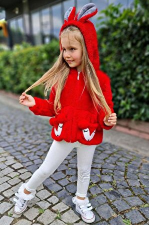 Kız Çocuk Kapüşonlu Kuzu Kulaklı Kırmızı Peluş Ceket