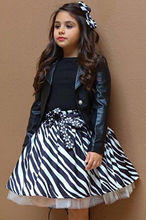 Kız Çocuk Deri Ceket ve Zebra Baskılı Saten Siyah Etekli Takım