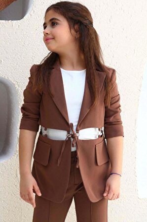 Kız Çocuk Halka Detaylı Blazer Ceket ve  Yırtmaç Detaylı İspanyol Paçalı Pantolon Kahverengi Alt Üst Takım