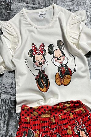 Kız Çocuk Mickey Mouse Baskılı Pliseli Beyaz Etekli Takım