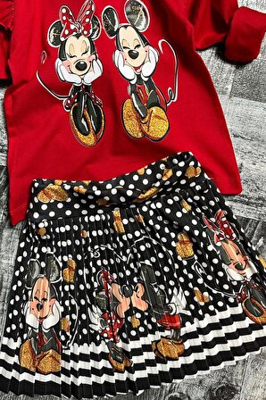 Kız Çocuk Mickey Mouse Baskılı Pliseli Kırmızı Etekli Takım
