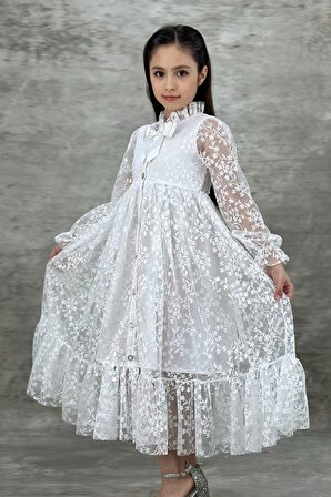 Kız Çocuk Boydan Düğmeli Dantel İşlemeli Beyaz Elbise
