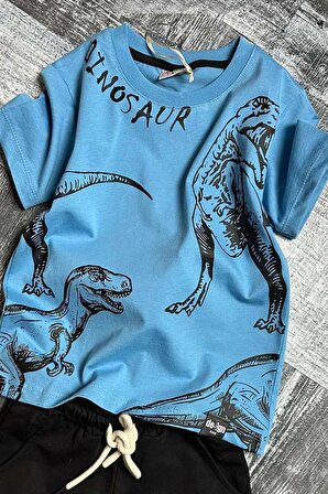 Erkek Çocuk Dinosaur Yazı ve Görsel Baskılı Suprem Mavi Tişört Şortlu Takım