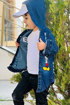 Erkek Çocuk Mickey Mouse Baskılı Düğme Detaylı ve Kapüşonlu Kot Ceket