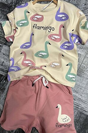 Kız Çocuk Flamingo Baskılı Kısa Kollu Pudra Şortlu Takım
