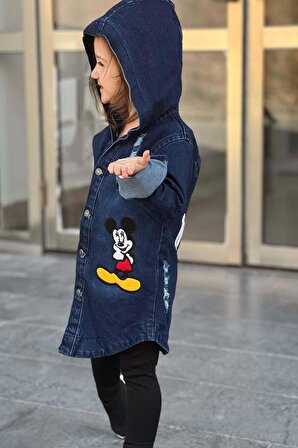 Kız Çocuk Mickey Mouse Baskılı Düğme Detaylı ve Kapüşonlu Jean Ceket