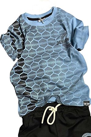 Erkek Çocuk Bal Peteği Desen ve Design Baskılı Savoy Mavisi Şortlu Takım
