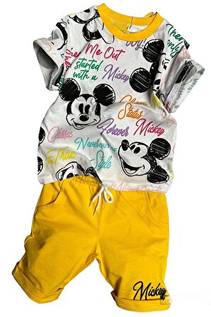 Erkek Çocuk Mickey Desen ve Rengarenk Yazı Baskılı Sarı Şortlu Takım
