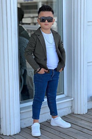 Erkek Çocuk Armalı Blazer Ceket ve Uzun Kollu Düğmeli Tişört Haki Alt Üst Takım
