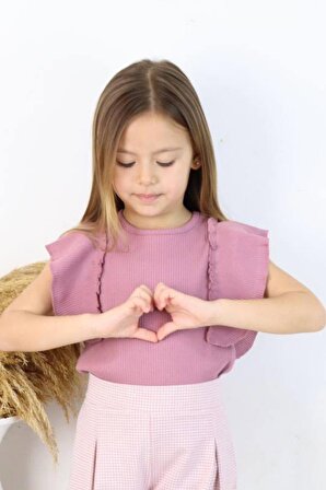Kız Çocuk Kareli Bol Dokuma Kapri Kolları Fırfırlı Fitilli Kumaş Pudra Bluz Şortlu Takım