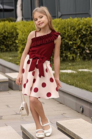 Kız Çocuk Tek Omuz ve Göğsü Fırfır Detaylı Eteği Pauntiyeli Bordo Elbise