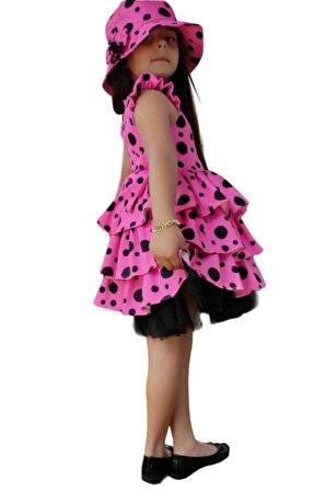 Kız Çocuk Kat Kat Fırfırlı Etek Ucu Tüllü Üzeri Üzeri Benekli Pembe Elbise