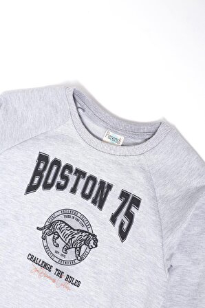 Boston Baskılı Erkek Çocuk Sweatshirt Gri Melanj