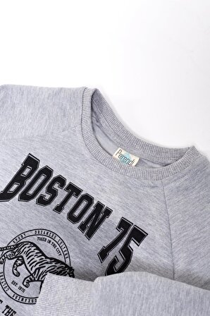 Boston Baskılı Erkek Çocuk Sweatshirt Gri Melanj