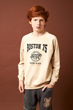 Boston Baskılı Erkek Çocuk Sweatshirt Taş