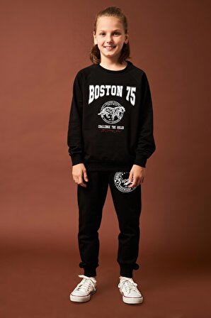 Boston Baskılı Erkek Çocuk Sweatshirt Siyah