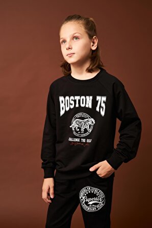 Boston Baskılı Erkek Çocuk Sweatshirt Siyah