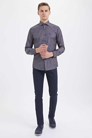Desenli Slim Fit Kahverengi Gömlek | XS