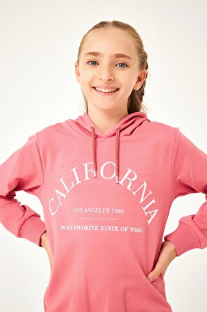 California Baskı Detaylı Kapüşonlu Kız Çocuk Sweatshirt Gül Kurusu