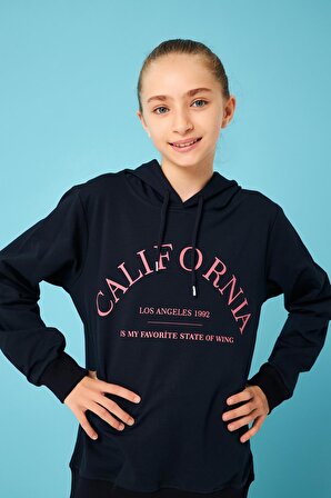 California Baskı Detaylı Kapüşonlu Kız Çocuk Sweatshirt Lacivert