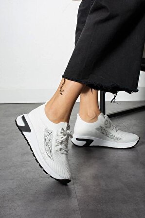 EnAsİL Vupin Kadın Sneaker Bağcıklı Triko Dokumalı Yandan Taşlı Spor Ayakkabı Beyaz