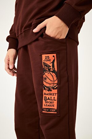 Basketball Baskı Detaylı Erkek Çocuk Takım Kahve