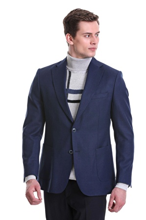 Lacivert Comfort Fit Desenli Mono Yaka Klasik Ceket | 46