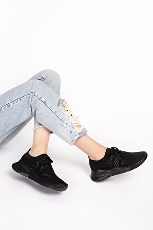 Kadın Siyah Günlük Rahat ve Şık Triko Sneaker M3792
